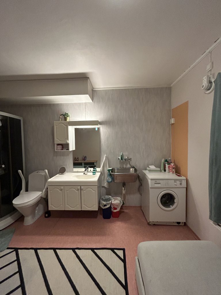 Bildet av badet på elevheimen, med fokus på vask og do, deler av dusj synlig og hele vaskemaskinen synlig.