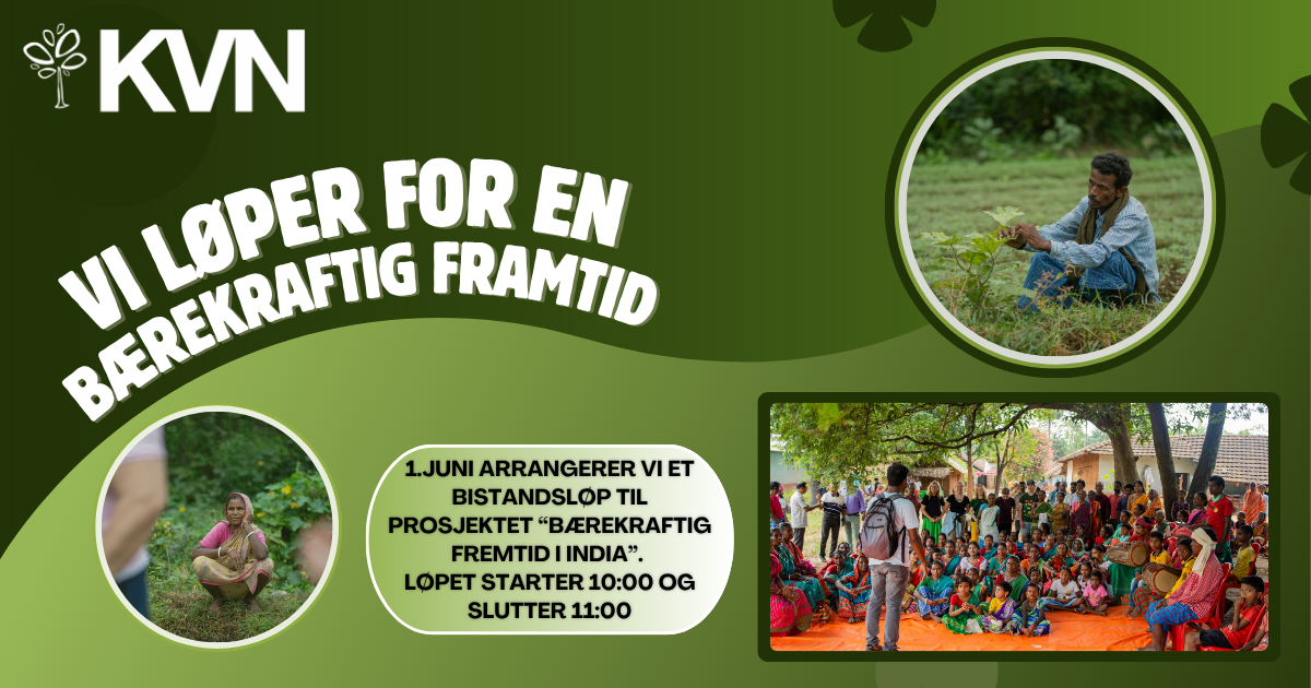Plakat for bistandsløp med grønn bakgrunn og tre bilder med teksten "Vi løper for en bærekraftig framtid"